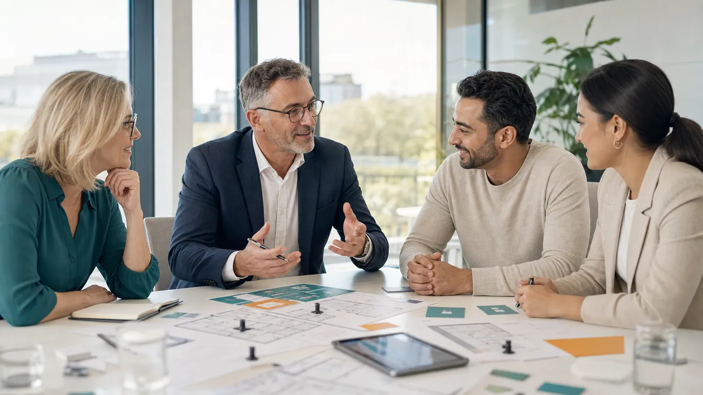 Sicherheitsberater bespricht eine Risikoanalyse mit einem Führungsteam anhand von Grundrissen am Besprechungstisch.