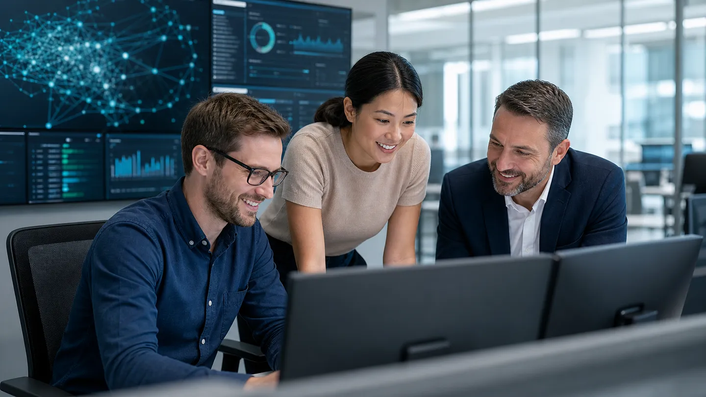 Cyber-Security-Team bespricht mit einem IT-Verantwortlichen Auswertungen auf mehreren Monitoren.