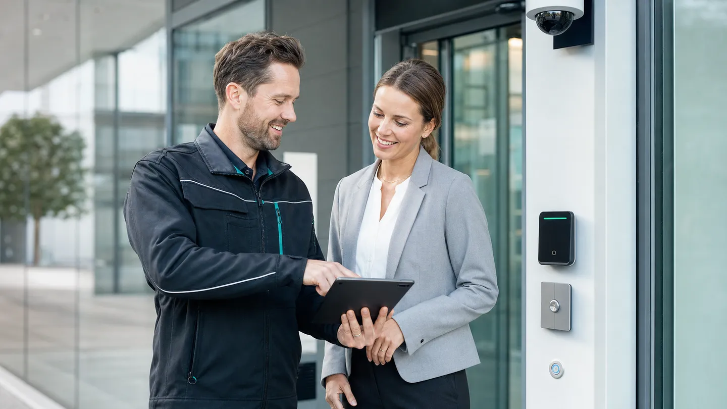 Techniker und Facility Managerin prüfen gemeinsam ein Zutrittskontrollsystem am Gebäudeeingang.